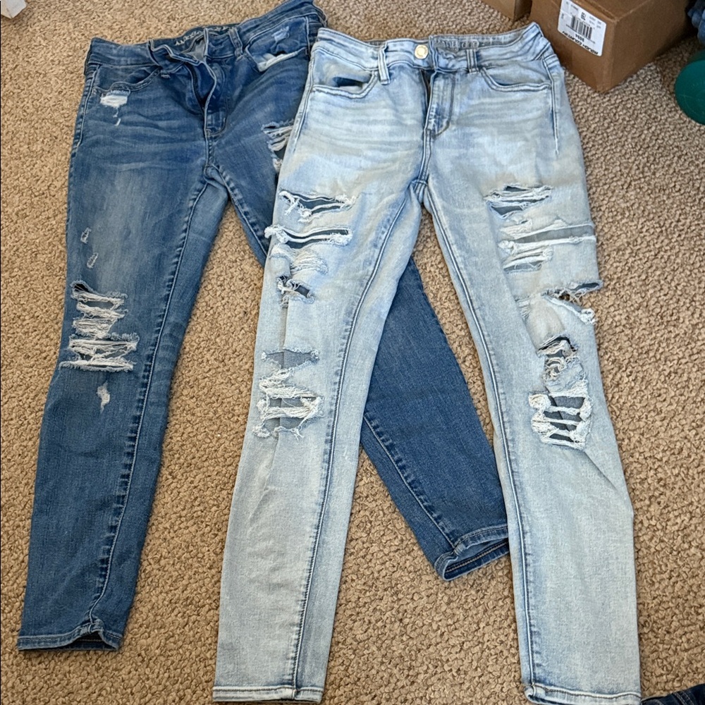 Distressed Blue and Light Blue Women's  American eagle jeans size 6